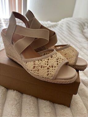 Beige Crochet Wedge Sandals with Elastic Straps